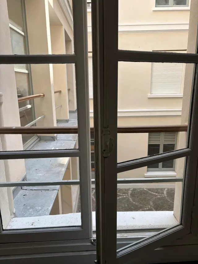 Fenêtre d'atelier à petits carreaux impeccable après nettoyage, appartement parisien sur cour