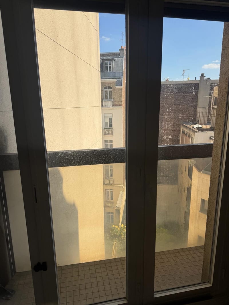 Porte-fenêtre d'un appartement parisien aux vitres sales et voilées avant nettoyage